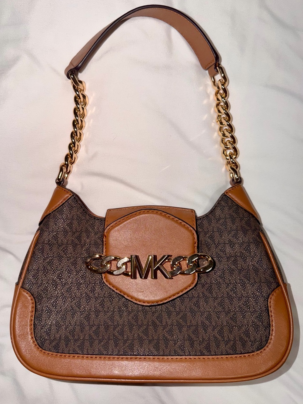 Michael Kors Brown and Tan Logo Chain Shoulder Bag